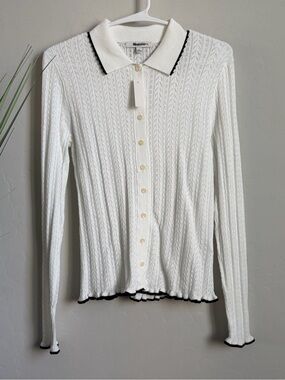 NWT Madewell Pointelle Knit Polo Cardigan White Black Contrast Trim Medium